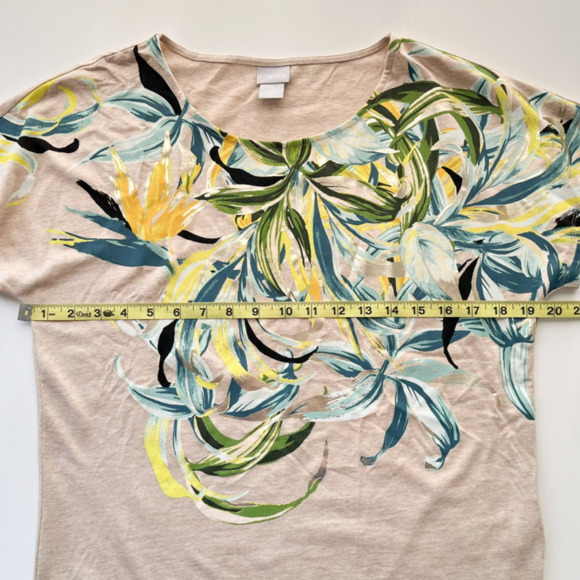 Chico's Tan Tropical Floral Metallic Short Sleeve Tee Top Womens Small - Picture 8 of 9